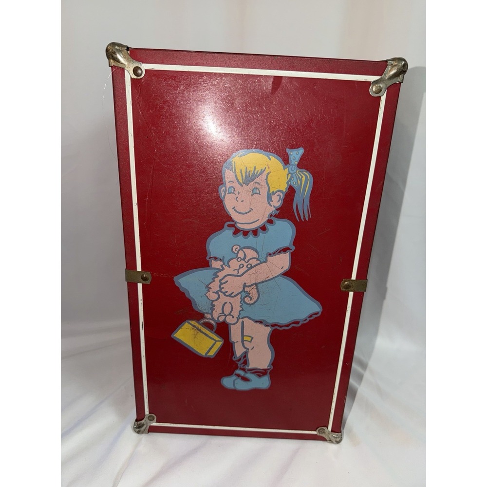 Vintage Red Metal Doll Trunk Wardrobe Carry Case Girl Bear 1950-1960